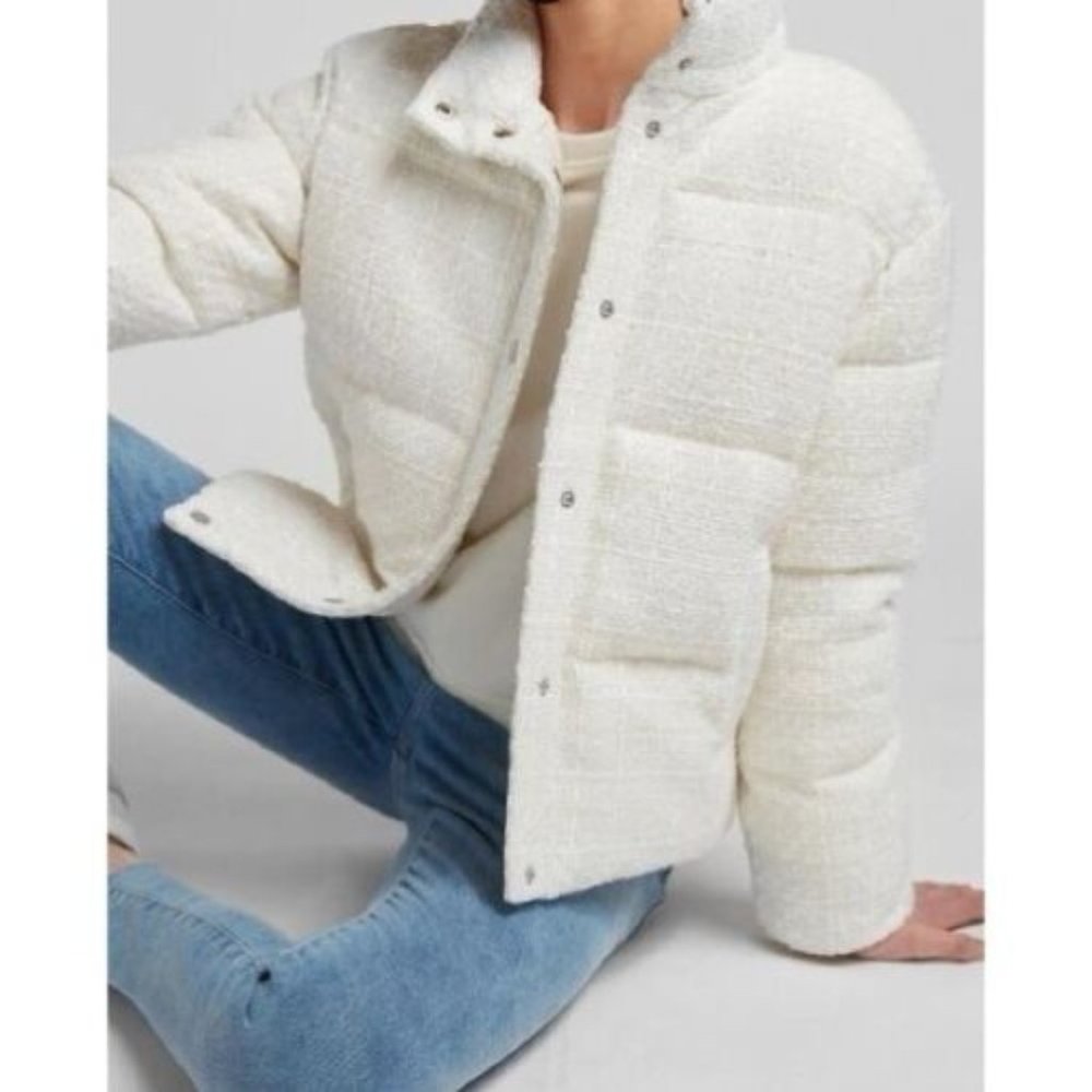 Express White Boucle Tweed Puffer Jacket Coat SZ L LARGE NWT